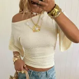Summer Womens Off Shoulder Top Textured Fabric Flared Sleeves Slim Fit Casual Wear for Everyday