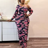 Asymmetrical Shoulder Long Sleeve Bodycon Dress Fashionable Floral Print Ruched Design Mid Lengt