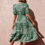 Vintage Paisley Print Dress Green Mid Length Summer Style Perfect for Casual Outings Wholesale A