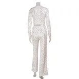 Floral Print Two Piece Set Lace Trim Long Sleeve Comfortable Fabric Casual Wear for Young Women