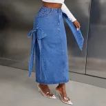 High Waisted Denim Skirt European and American Style Bow Design Color Block Casual Wear for Wome