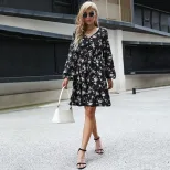 Fashion Womens Black Floral Print Long Sleeve V Neck Dress Stylish Elegant Versatile Perfect for