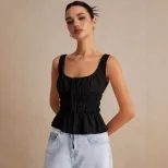 Sweet Ruffled Hem Drawstring Cami Top Square Neck Slim Fit Backless Flowy Design Casual Summer W