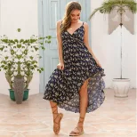 Floral Summer Dress Ruffled Hem Asymmetrical Design Spaghetti Straps Casual Wear for Women Whole