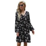 Fashion Womens Black Floral Print Long Sleeve V Neck Dress Stylish Elegant Versatile Perfect for