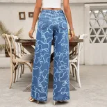 Casual Wide Leg Printed Denim Pants Fashionable Versatile Relaxed Fit Ideal for Everyday Wear Wh
