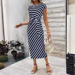 Elegant Striped Maxi Dress Waist Tie Round Neck Short Sleeve Summer Fashion for Women Wholesale