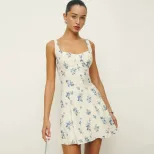 Summer Womens Fashion Floral Print A Line Dress Square Neck Backless Sweet and Fresh Perfect for