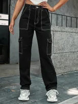 High Waisted Denim Pants Casual Style Patchwork Design Functional Pockets Versatile for Everyday