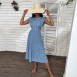 Blue Floral Print High Waist Midi Dress for Women Summer Style Available in Multiple Sizes Wholesale Supply