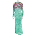 Vintage Floral Print Bodycon Dress High Neck Long Sleeve Slim Fit Elegant Style for Parties and