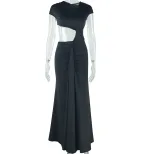 Street Style Fish Tail Dress Sleeveless Asymmetrical Neckline Pleated Design Solid Color Casual