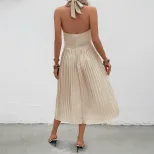 Womens Summer Dress Solid Color Halter Neck Pleated Design Vacation Casual Wear