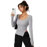 Slim Fit Long Sleeve U Neck T Shirt Asymmetrical Design Cut Out Detail Short Length Casual Wear