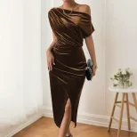Velvet One Shoulder Dress Slim Fit Side Slit Elegant Design Spring Summer Party Gown Wholesale A