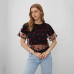 Color Block Heart Mesh Panel T Shirt for Women Short Sleeve Y2K Style Cotton Fabric Summer Casua