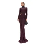 High Neck Long Sleeve Dress Solid Color Ruffled Design Hollow Out Elegant Style Perfect for Autu