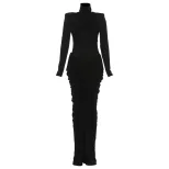 High Neck Long Sleeve Bodycon Dress Solid Color Ruffled Design Elegant Style Autumn Winter Fashi