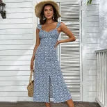 Floral Print Maxi Dress Sweet Country Style Sleeveless High Slit Lightweight Fabric Summer Casua