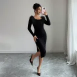 Black Plush Collar Long Dress for Women Slim Fit Side Split Elegant Style Perfect for Spring Sum