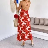 Casual Summer Maxi Dress Leaf Print Beach Style Lightweight Fabric Perfect for Vacation and Reso