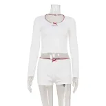 Color Block Bow Tie Long Sleeve Top and Shorts Set Feminine Style Spring Summer Fashion Wholesal