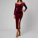 Velvet Bodycon Midi Dress for Women Cross V Neck Off Shoulder Side Slit Elegant Evening Wear Who