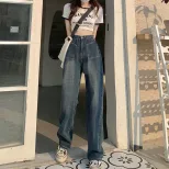 设计高腰大口袋牛仔裤女蓝灰宽松遮肉休闲梨形小众拖地阔腿长裤子