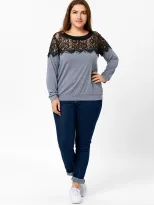Plus Size Long Sleeve Lace Panel T Shirt Round Neck Stylish Design Comfortable Fabric Casual Wea