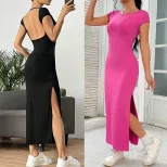 Elegant Sleeveless Knit Dress Backless Side Slit Mid Length Summer Fashion for Women Wholesale A