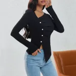 Womens Knitted Top Wrinkle Design Button Detail Asymmetrical Style Autumn Winter Fashion Wholesa
