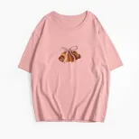 Womens Vintage Bow Print T Shirt Summer Casual Style Loose Fit Round Neck Short Sleeve 100 Cotto