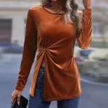 Long Sleeve Velvet T Shirt Irregular Split Hem Elegant Sexy Autumn Winter Womens Fashion Wholesa