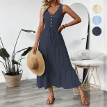 Sleeveless V Neck Summer Dress Minimalist Design Solid Color Adjustable Tie Casual Wear for Wome