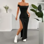 Elegant Solid Color High Waisted Split Long Dress Off Shoulder Knitted Comfortable Fit Summer Ca