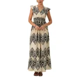 Floral Print Maxi Dress Black and White Ruffled Sleeves Ethnic Vacation Style Wholesale Availabl