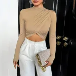Elegant Womens Cropped T Shirt Slim Fit Half High Neck Long Sleeve Solid Color Summer Casual Wea