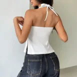 Womens Sexy Tie Neck T Shirt Slim Fit Spring Summer Style Lightweight Fabric Versatile for Casua