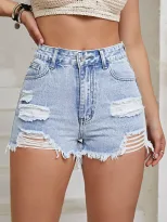 Womens Distressed Denim Shorts Short Length Frayed Hem Casual Style Ready to Ship Low MOQ