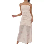 Sweet Floral Ruffled Maxi Dress High Elasticity Spaghetti Straps Vacation Style Spring Summer Co