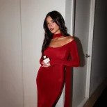 Red Long Sleeve Dress with Neck Scarf Elegant Fit Hepburn Style Perfect for Autumn and Winter Ev