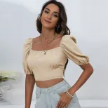 Womens Lantern Sleeve Backless Tie T Shirt Solid Color Square Neck Short Length Spring Summer Ca