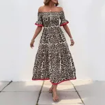 Vintage Off Shoulder Leopard Print Dress Ruffled Sleeves Elegant Style Perfect for Parties Whole