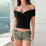 V Neck Twist Knot T Shirt Ruffled Off Shoulder Slim Fit Spring Summer Fashion for Women Wholesal