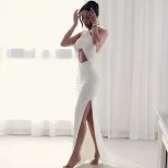 Hollow Out Backless Bodycon Dress Sleeveless Halter Neck Solid Color Elegant Design Perfect for