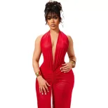 Elegant Womens Bodycon Dress Solid Color Deep V Neck Backless Ruched Design Perfect for Parties