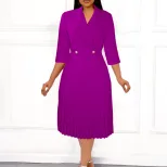 Elegant Womens Dress Solid Color Pleated Design Suit Collar Autumn Fashion for Casual or Formal