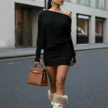 Off Shoulder Bodycon Dress Slim Fit Black Stylish Spring Summer Perfect for Work or Casual Occas