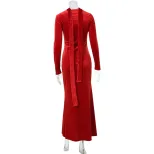Red Long Sleeve Dress with Neck Scarf Elegant Fit Hepburn Style Perfect for Autumn and Winter Ev