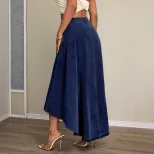 Elegant High Slit Denim Maxi Skirt Irregular Hem Womens Fashion Casual Wear Wholesale Available